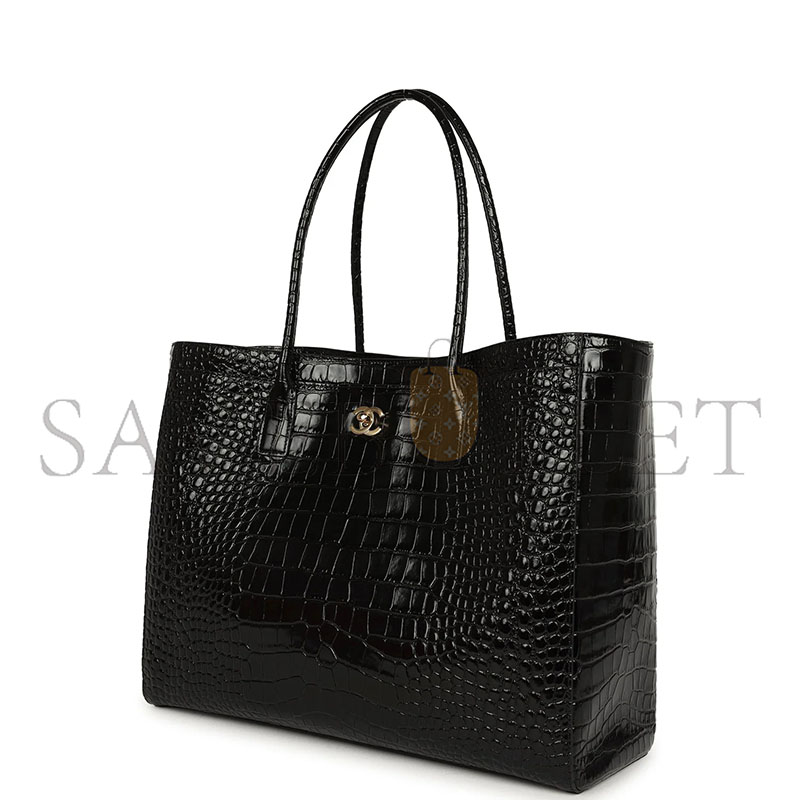 CHANEL LARGE CERF SHOPPING BAG BLACK CROCODILE EMBOSSED CALFSKIN GOLD HARDWARE AS6244 (47*31*15cm)